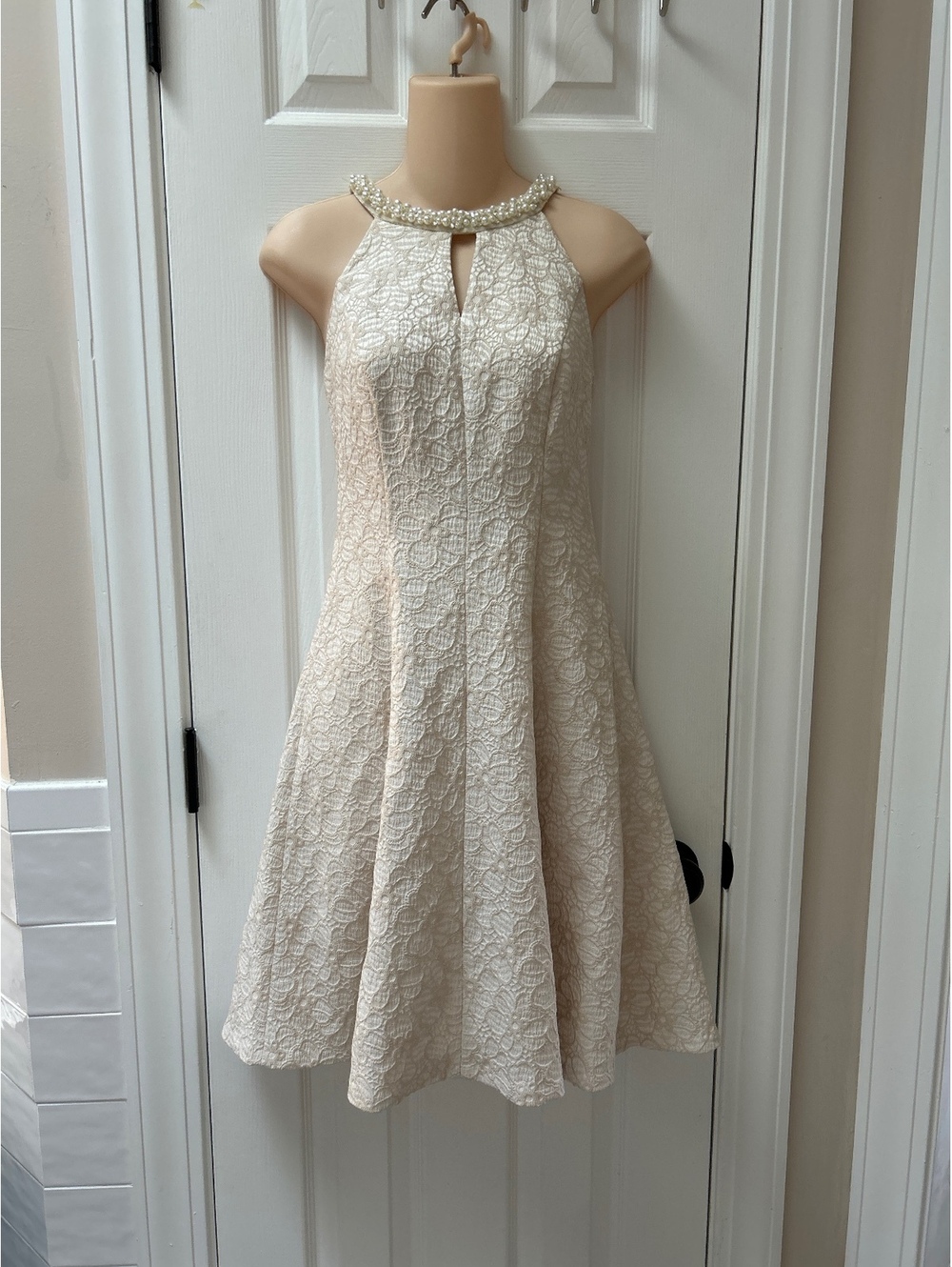 London Times Petite Ivory Fit & Flare Dress with Pearl-
